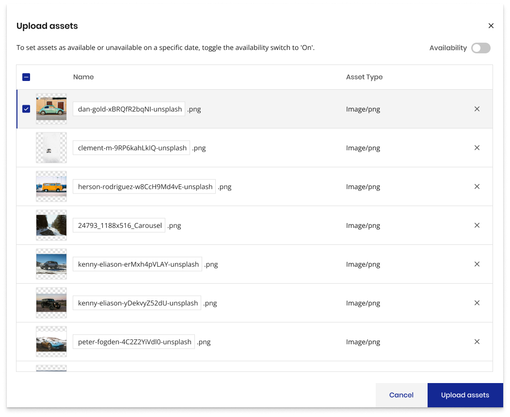 Upload assets modal with availability off